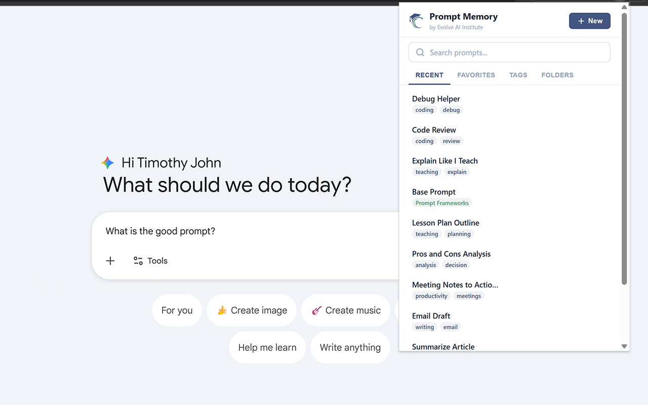 Prompt Memory popup open on Google Gemini showing a list of saved prompts organized by recent, favorites, tags, and folders